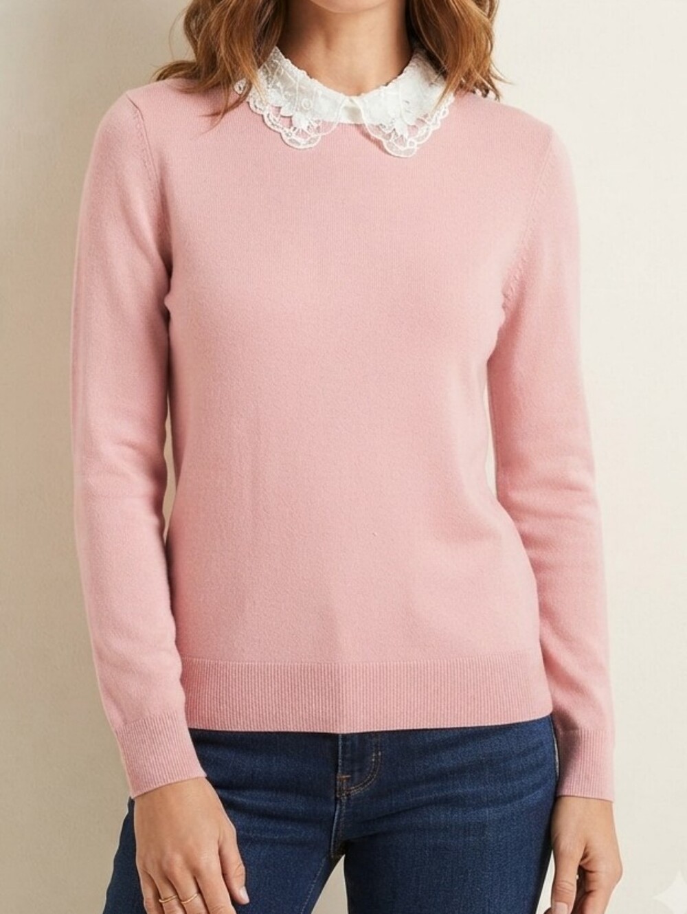 Cable & Gauge Pink Sweater with White Lace Collar, Size XL